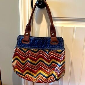 Fossil large colorful zig zag wavy keyper bag waxed canvas boho 90s Y2K no charm